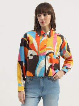 United Colors of Benetton - Womens Multi-Color Spread Collar Abstract Shirt