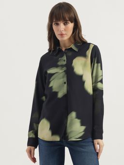 United Colors of Benetton - Womens Blue Spread Collar Floral Print Diffused Shirt