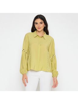 Madame - Womens Puff Sleeve Pear Green Rayon Blend Shirt