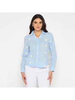 Madame - Womens Floral Print Blue Cotton Shirt