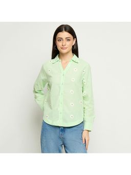 Madame - Womens Floral Print Green Cotton Shirt