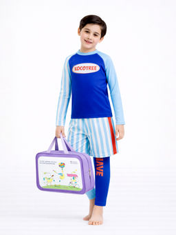 Little Surprise Box - 3 Pcs Light Blue Stripes Boys Swimsuit UPF 50+ with Cap & Washbag
