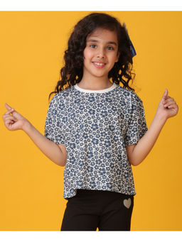 ANTHRILO - Floral Short Sleeves Girls T-Shirt - Navy Blue