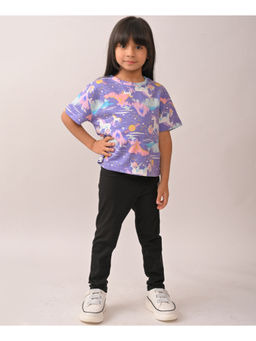 ANTHRILO - Summer Unicorn Planet Black Heart T-Shirt & Leggings - Purple (Set of 2)