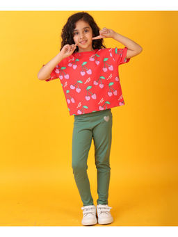 ANTHRILO - Cherry Red Heart Fun T-Shirt & Leggings (Set of 2)