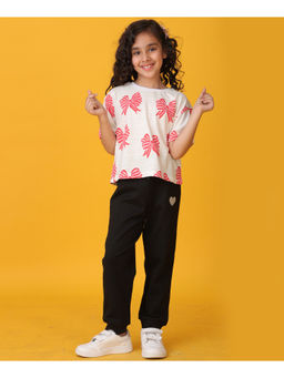 ANTHRILO - Pink Bow Summer Black Heart T-Shirt & Joggers - White (Set of 2)