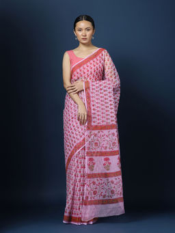 CHOWDHRAIN - Pink Block printed Kota Saree with Unstitched Blouse