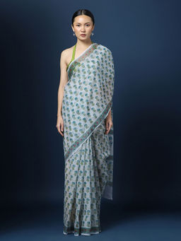 CHOWDHRAIN - Floral Blockprinted Kota saree with Unstitched Blouse