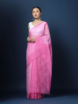 CHOWDHRAIN - Pink Bandhini Kota Saree with Unstitched Blouse