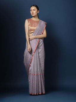 CHOWDHRAIN - Grey Brown Chanderi Saree with Unstitched Blouse