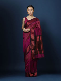 CHOWDHRAIN - Maroon Chanderi Saree with Unstitched Blouse