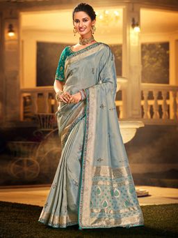 Odette - Grey Viscose Floral Designer Saree with Unstitched Blouse