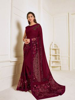 Odette - Maroon Lycra Designer Saree with Unstitched Blouse