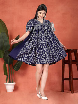 Rama's - Navy and White Ethnic Motifs Printed Mini Dress