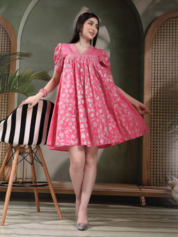 Rama's - Pink and White Ethnic Motifs Printed Mini Dress