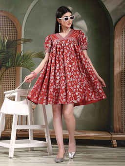 Rama's - Maroon and White Ethnic Motifs Printed Mini Dress