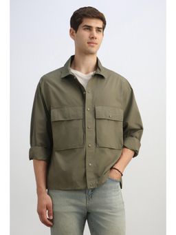 Allen Solly - Men Olive Boxy Fit Solid Full Sleeves Casual Shirt