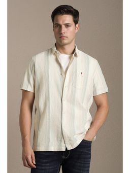 Louis Philippe - Men Beige Slim Fit Stripe Half Sleeves Casual Shirt
