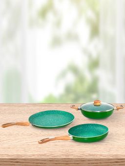 At Home by Nilkamal - Arias Non-Stick Fry Pan With Dosa Tawa and Kadhai With Lid Set of 4 (Emerald)