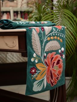 Lush & Beyond - Green Embroidered Velvet Table Runner