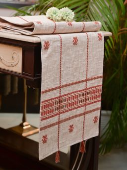 Lush & Beyond - Beige Embroidered Slub Cotton Table Runner