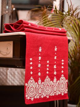 Lush & Beyond - Red Embroidered Jute Table Runner