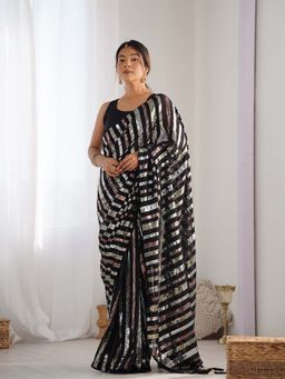 Lush Glam - Black Ethnic Motifs Pure Georgette Saree with Unstitched Blouse