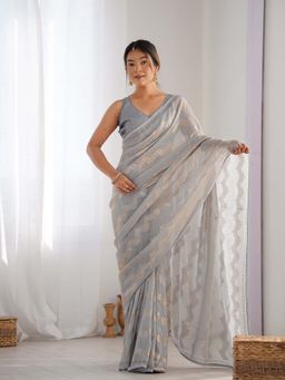 Lush Glam - Grey Pure Georgette Saree with Unstitched Blouse