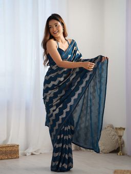 Lush Glam - Blue Beads and Stones Pure Georgette Saree with Unstitched Blouse