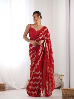 Lush Glam - Red Beads and Stones Pure Georgette Saree with Unstitched Blouse
