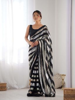 Lush Glam - Black Beads and Stones Pure Georgette Saree with Unstitched Blouse