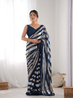 Lush Glam - Blue Beads and Stones Pure Georgette Saree with Unstitched Blouse