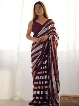 Lush Glam - Wine Beads and Stones Pure Georgette Saree with Unstitched Blouse