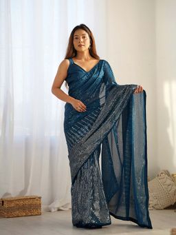 Lush Glam - Blue Beads and Stones Pure Georgette Saree with Unstitched Blouse
