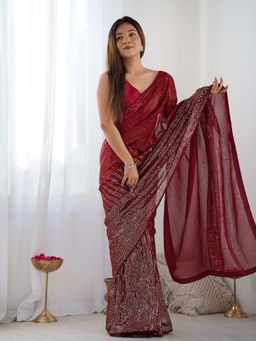 Lush Glam - Red Beads and Stones Pure Georgette Saree with Unstitched Blouse
