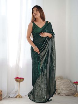 Lush Glam - Green Beads and Stones Pure Georgette Border Saree with Unstitched Blouse