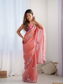 Lush Glam - Peach Embroidered Net Border Saree with Unstitched Blouse