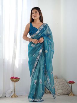 Lush Glam - Blue Embroidered Net Border Saree with Unstitched Blouse