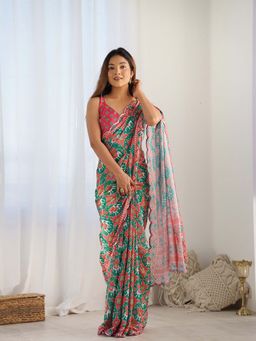 Lush Glam - Green Printed Polyester Saree with Unstitched Blouse