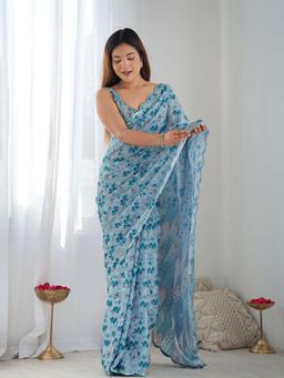 Lush Glam - Blue Floral Beads and Stones Polyester Saree with Unstitched Blouse