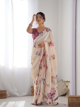 Lush Glam - Beige Floral Beads and Stones Polyester Saree with Unstitched Blouse