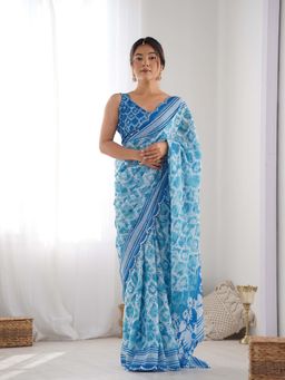 Lush Glam - Blue Floral Beads and Stones Polyester Saree with Unstitched Blouse