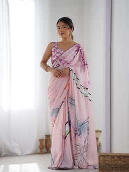 Lush Glam - Pink Tie and Dye Beads and Stones Polyester Saree with Unstitched Blouse