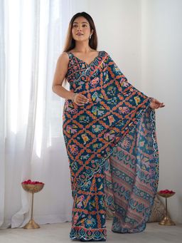 Lush Glam - Teal Geometric Beads and Stones Polyester Saree with Unstitched Blouse