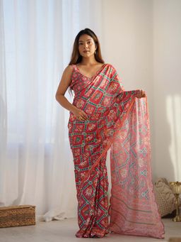 Lush Glam - Red Floral Beads and Stones Polyester Saree with Unstitched Blouse