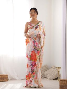 Lush Glam - Multi-Colour Floral Beads and Stones Polyester Saree with Unstitched Blouse