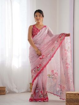 Lush Glam - Pink Floral Beads and Stones Polyester Saree with Unstitched Blouse