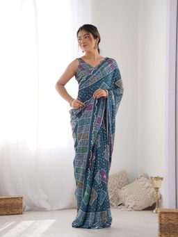 Lush Glam - Blue Polka Dots Beads and Stones Polyester Saree with Unstitched Blouse