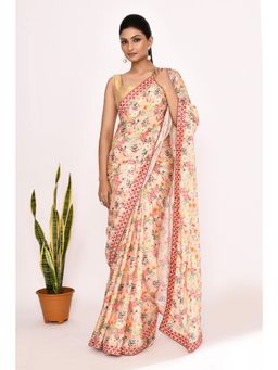 Lush Glam - Cream Floral Polyester Border Saree with Unstitched Blouse