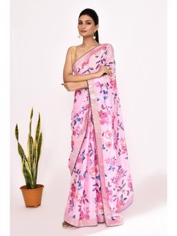 Lush Glam - Pink Floral Beads and Stones Polyester Border Saree with Unstitched Blouse